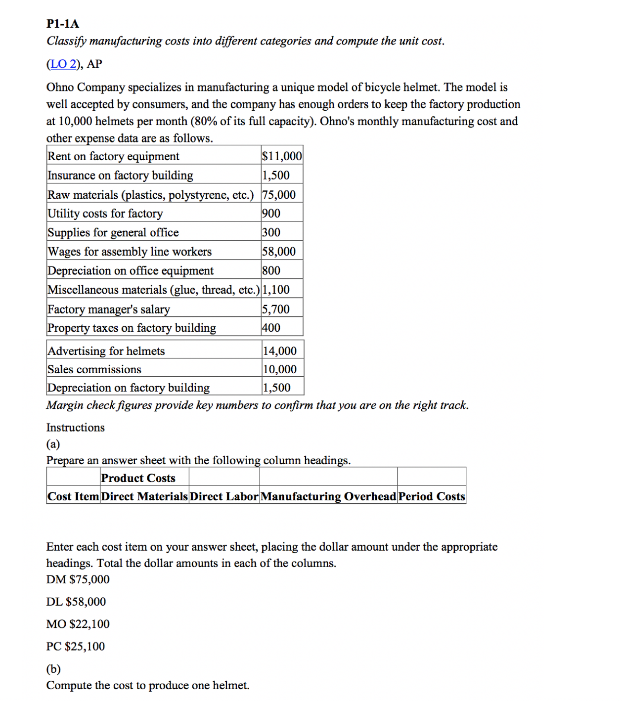 The question is: P1-1A Classify manufacturing costs into different categories and compute