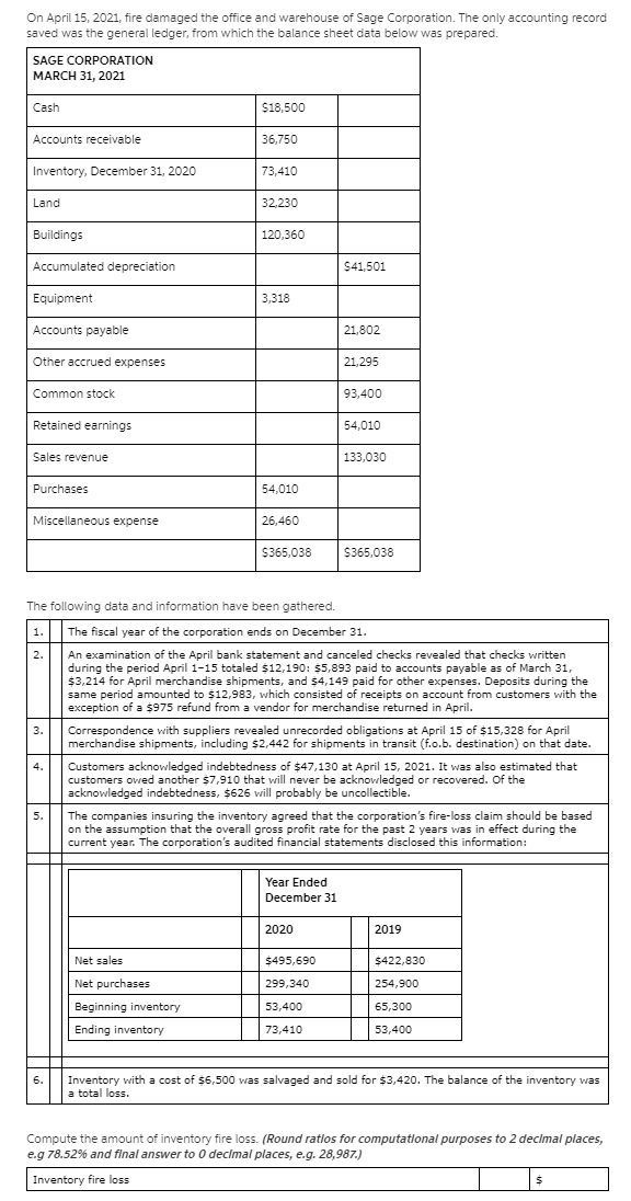 Please help me answer this On April 15, 2021, fire damaged the