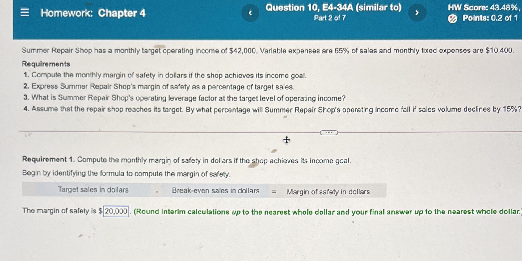 HW Score: 43.48%, E Homework: Chapter 4 Question 10, E4-34A (similar