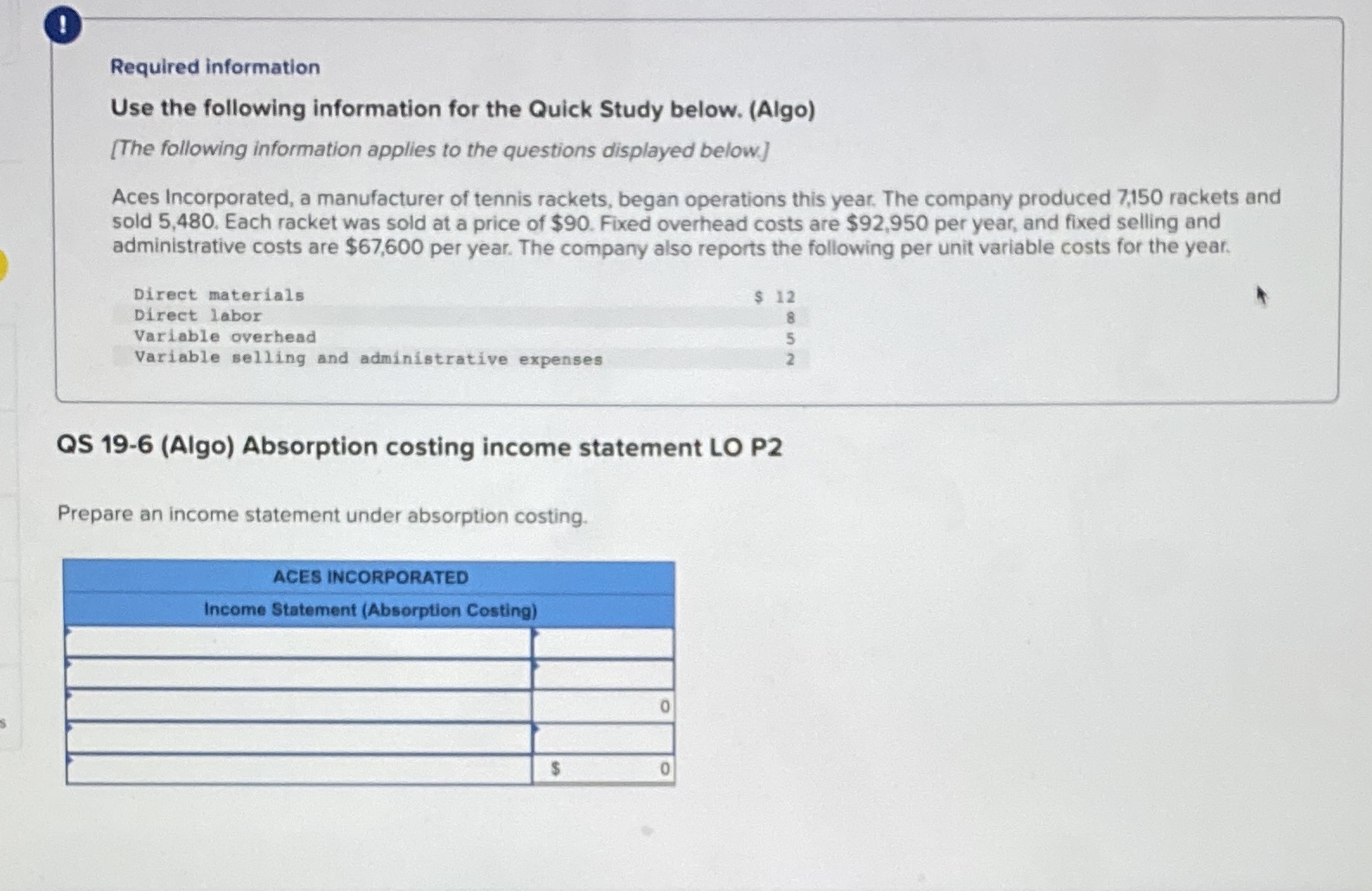 Required information Use the following information for the Quick Study below.