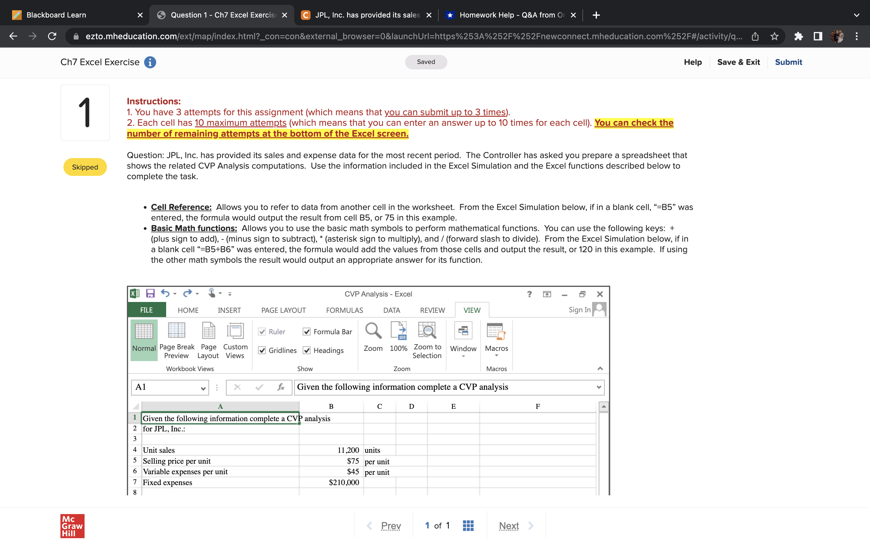 Tab Window Help X 6 Question 1 - Ch7 Excel Exerci X