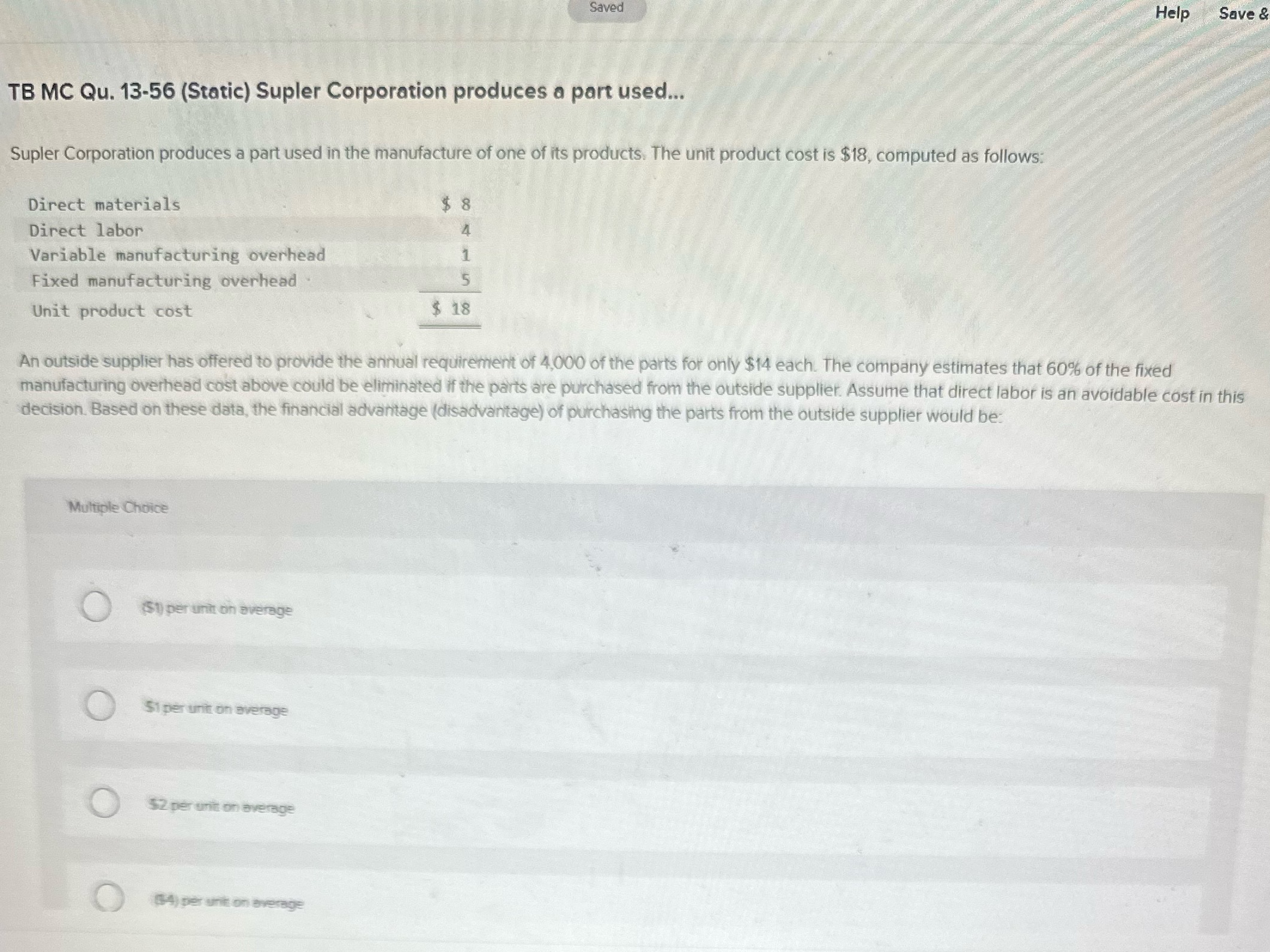  Saved Help Save TB MC Qu. 13-56 (Static) Supler Corporation produces