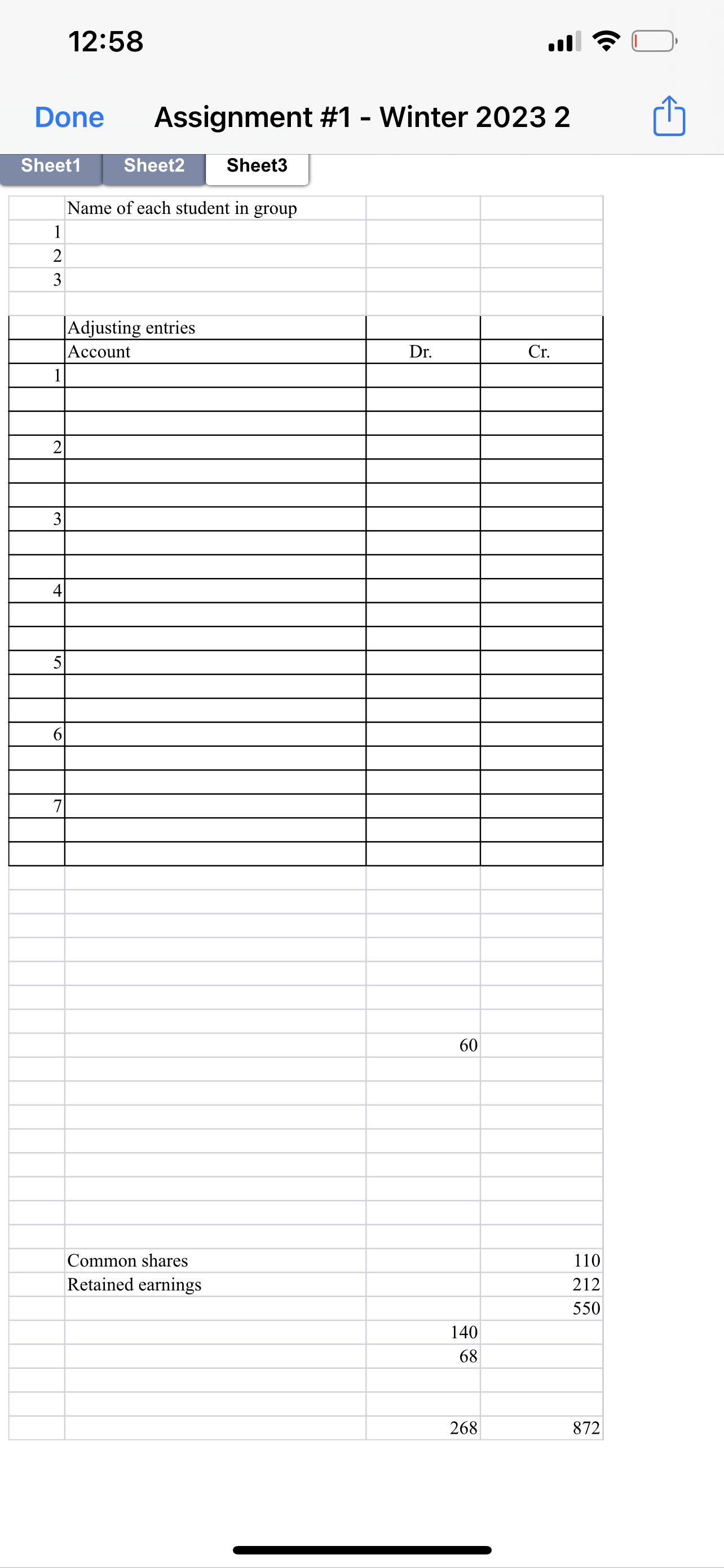 T Name of each student in group 1 2 3 Adjusting entries