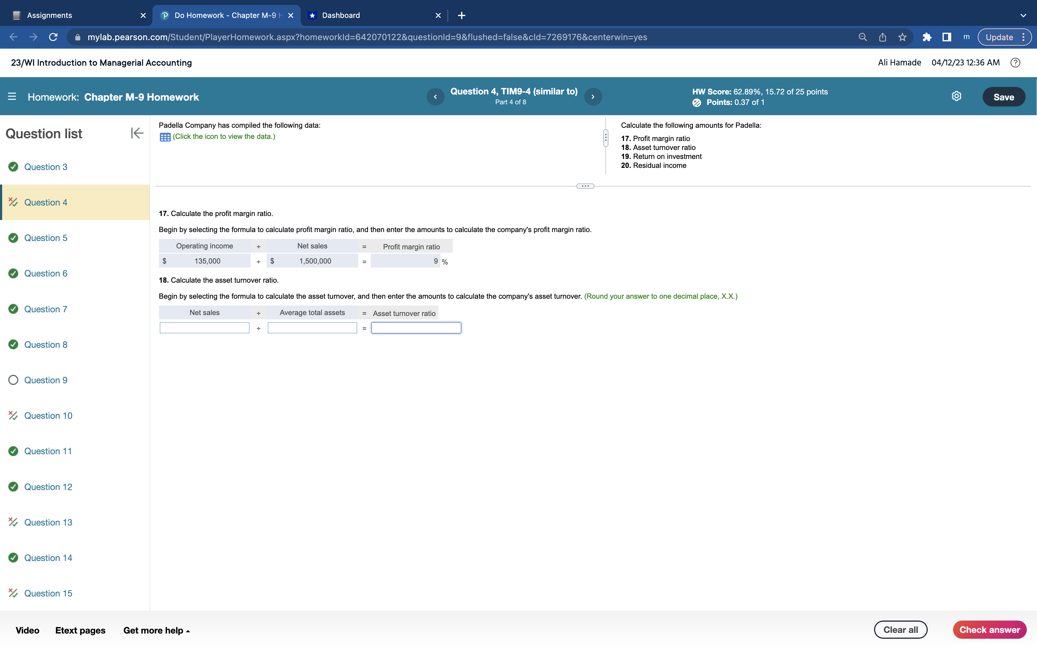  Assignments X P Do Homework - Chapter M-9 > Dashboard C