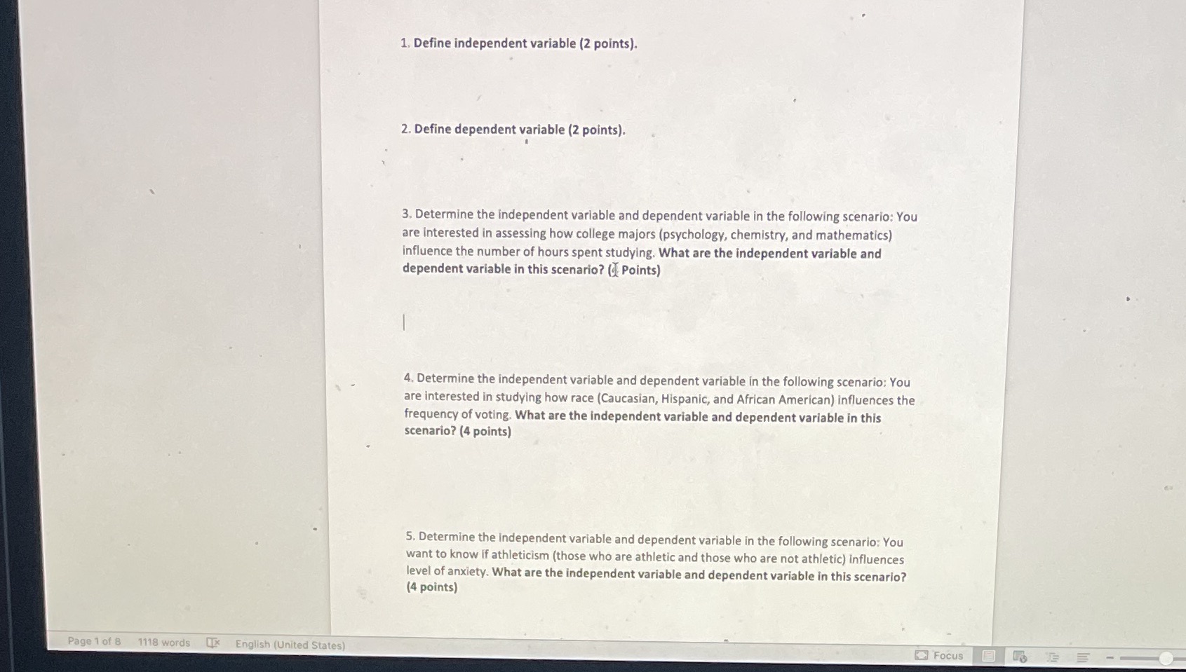  1. Define independent variable (2 points). 2. Define dependent variable (2