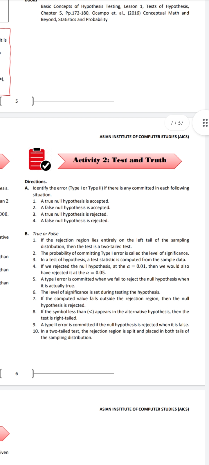 Of Ideas Reject Ho 1. 2. 3. 4. A hypothesis is a