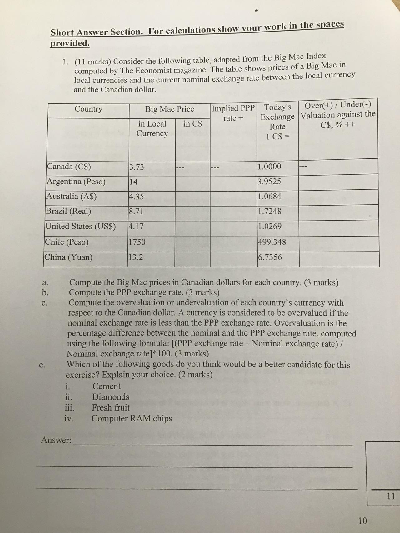 Short Answer Section. For calculations show your work in the spaces