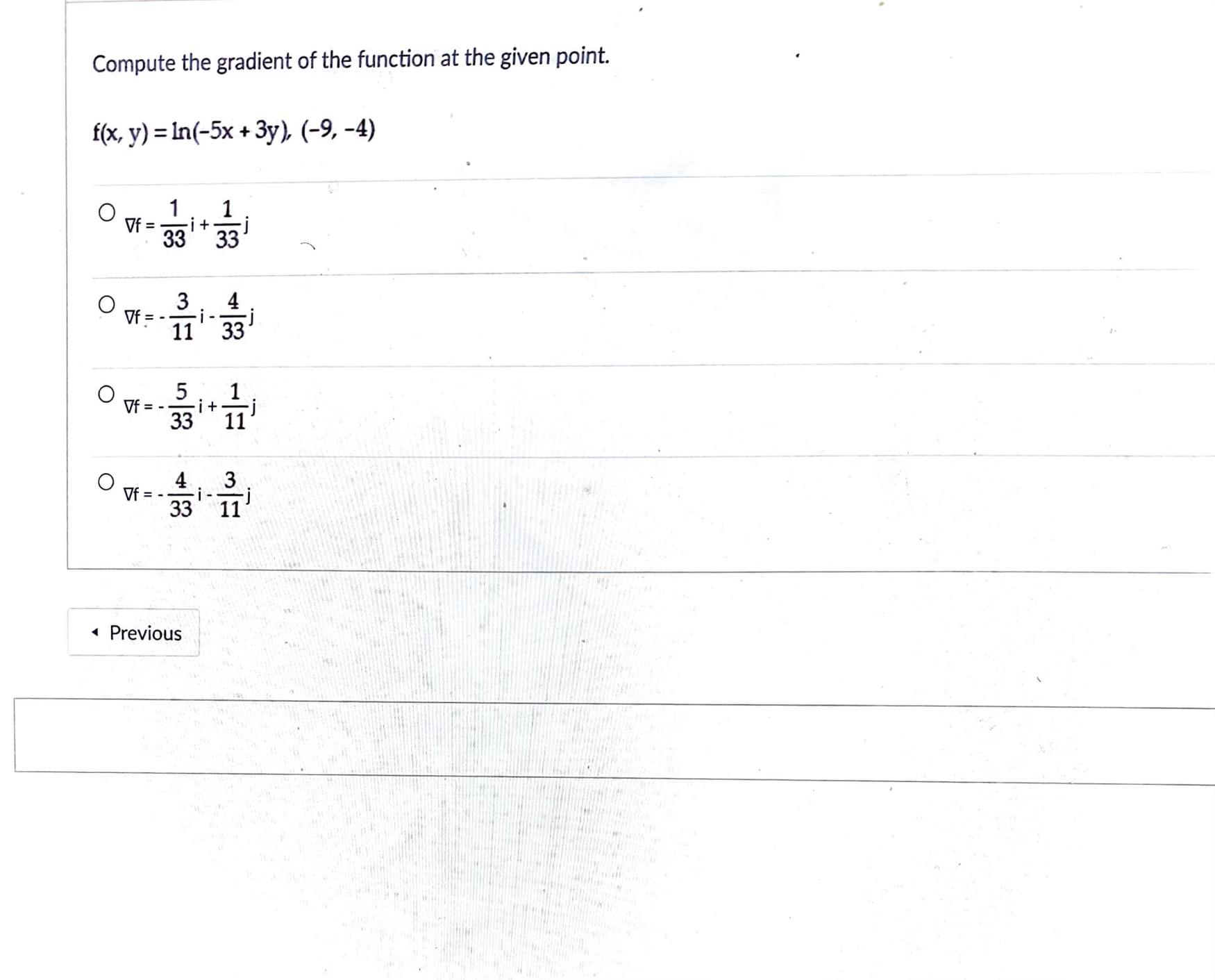  Compute the gradient of the function at the given point. f(x,