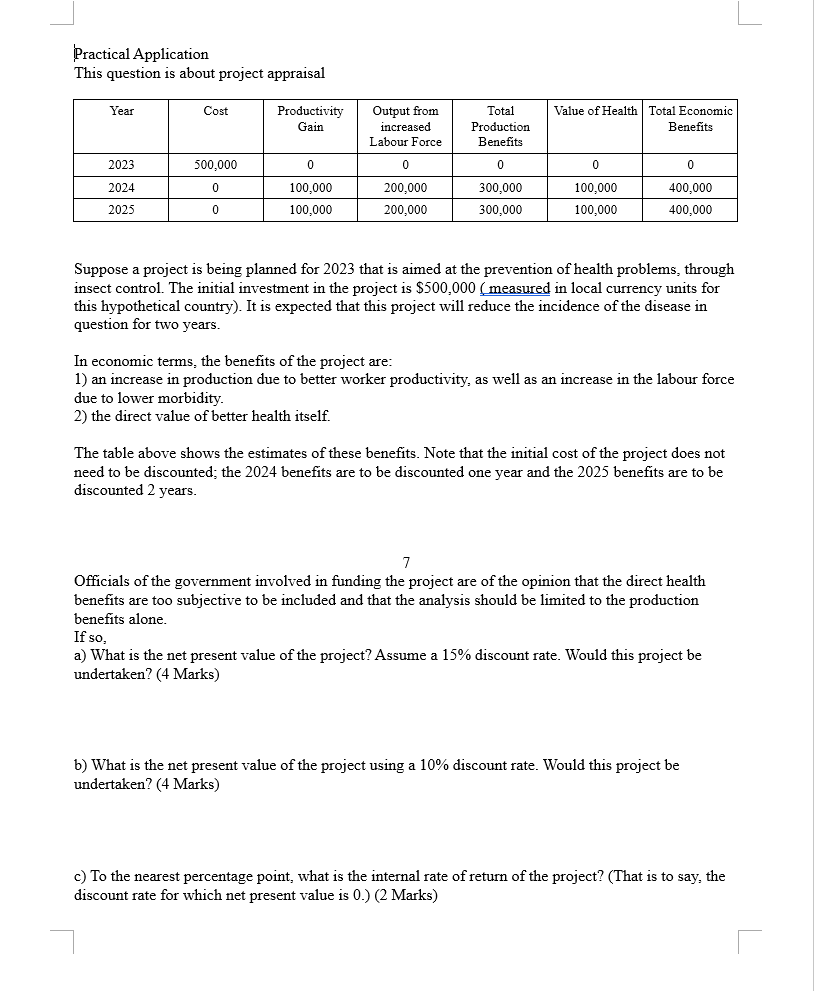 Practical Application This question is about project appraisal Year Cost Productivity