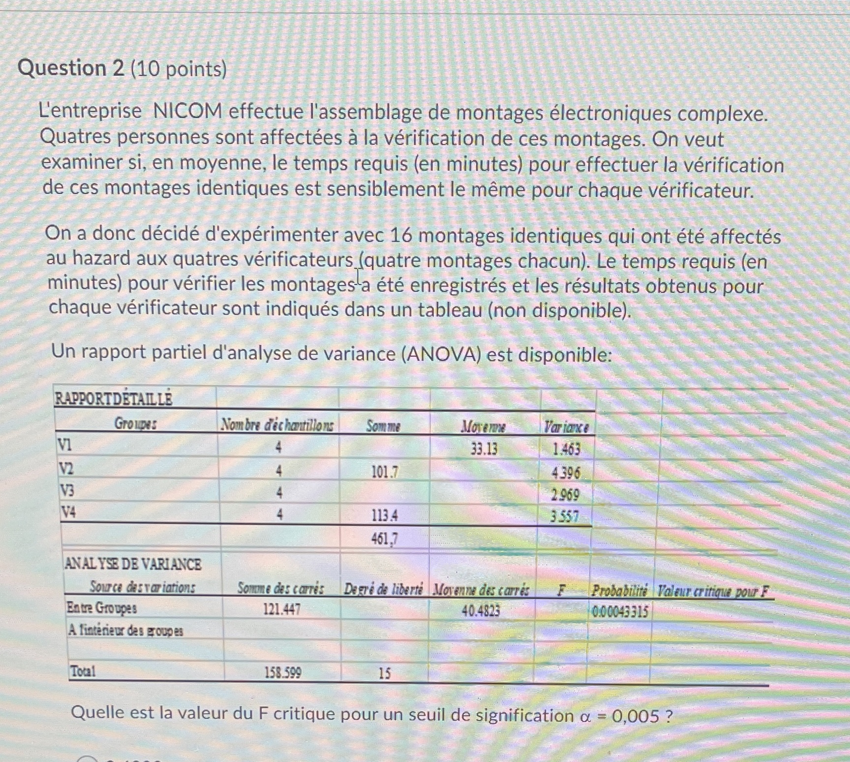 Question 2 (10 points) eentreprise NICOM effectuel'aSsemblage de montages lectroniques complexe. Quatres