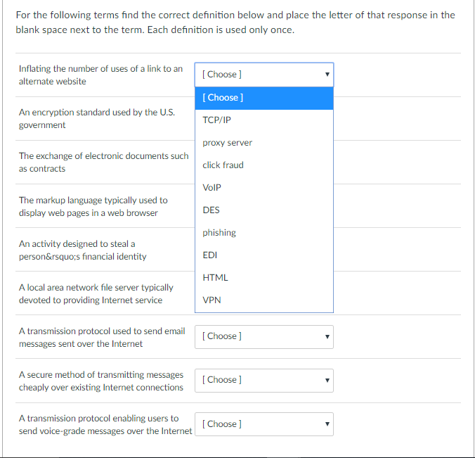 27) all the terms are provided in the drop down window. match
