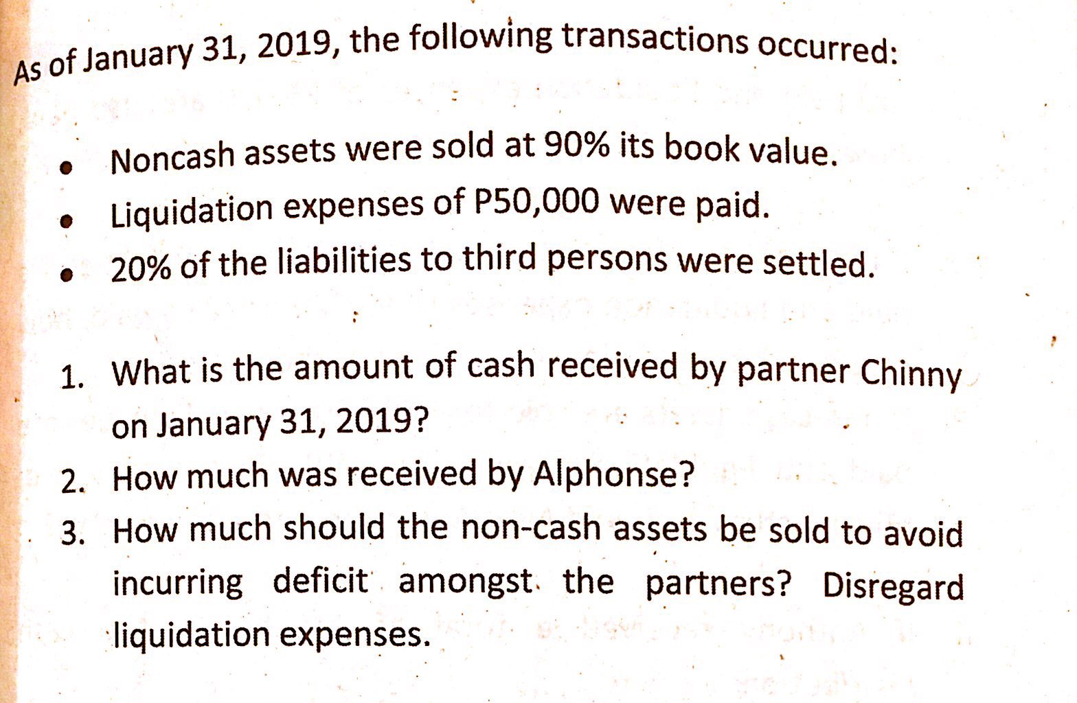 Homework Help [Partnership Liquidation - Lump Sum] Hello, need help answering the