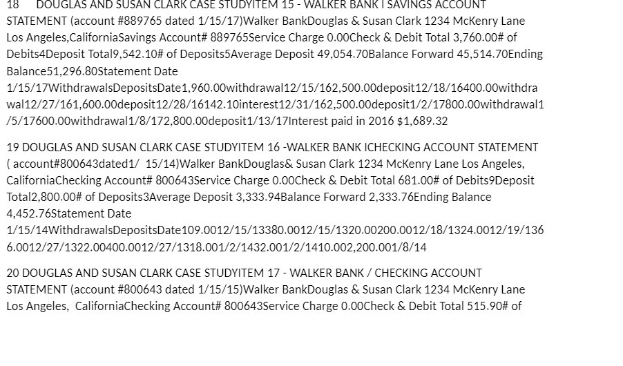 I SAVINGS ACCOUNT STATEMENT (account #889765 dated 1/15/17)Walker BankDouglas & Susan Clark