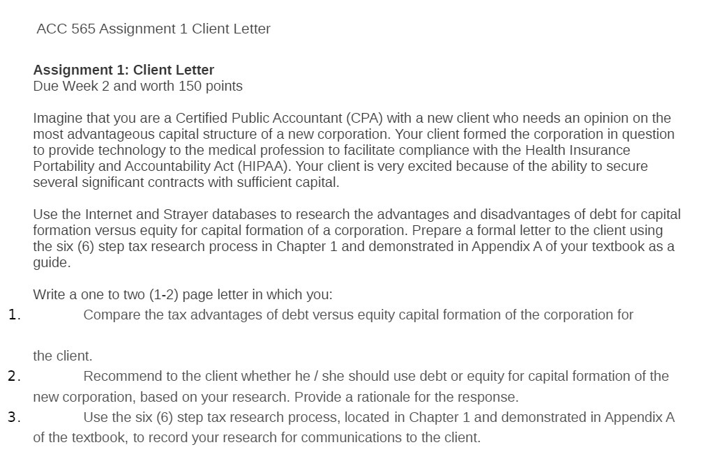  ACC 565 Assignment 1 Client Letter Assignment 1: Client Letter Due