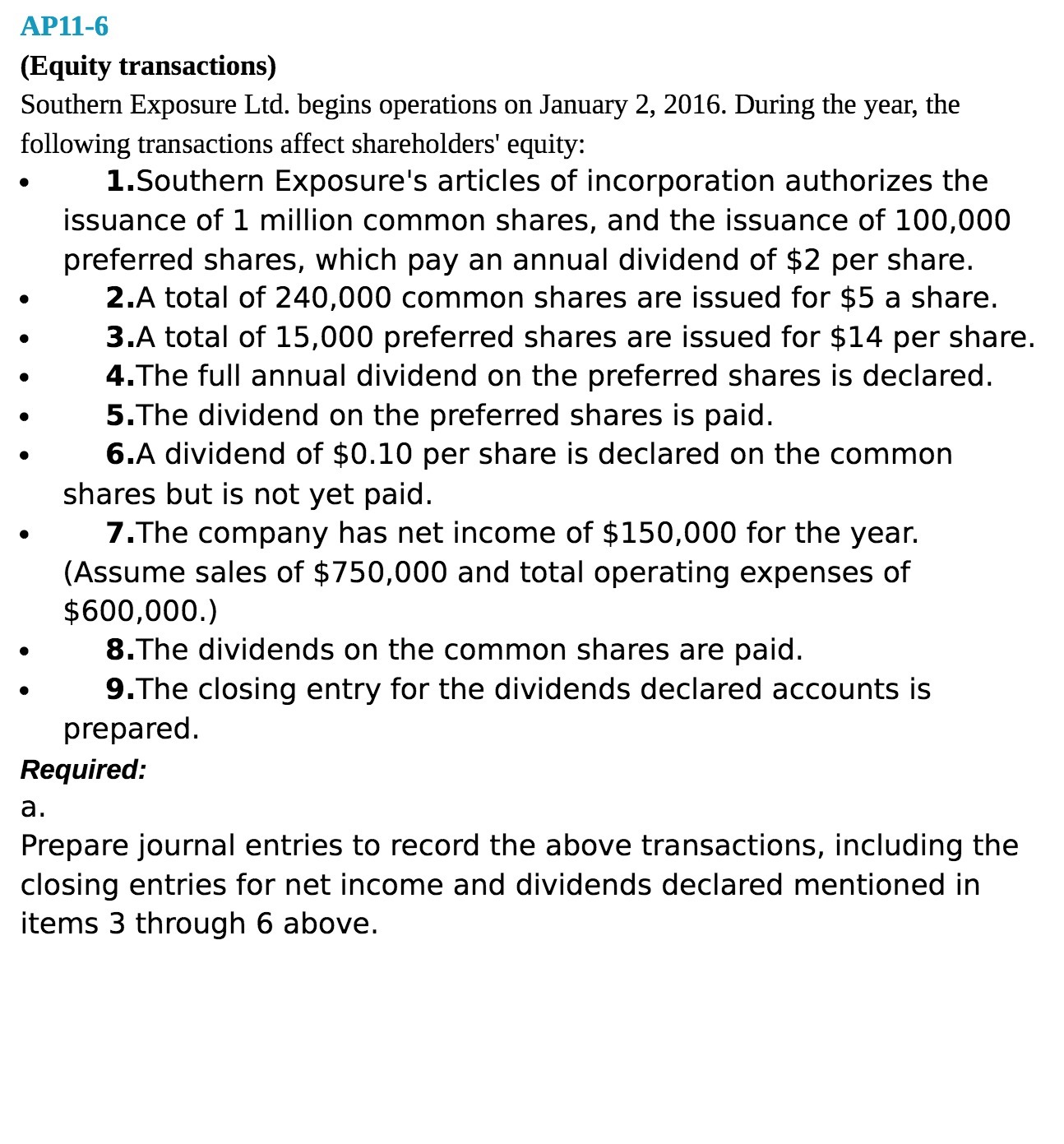 During the year, the following transactions affect shareholders' equity: I.Southern Exposure's articles