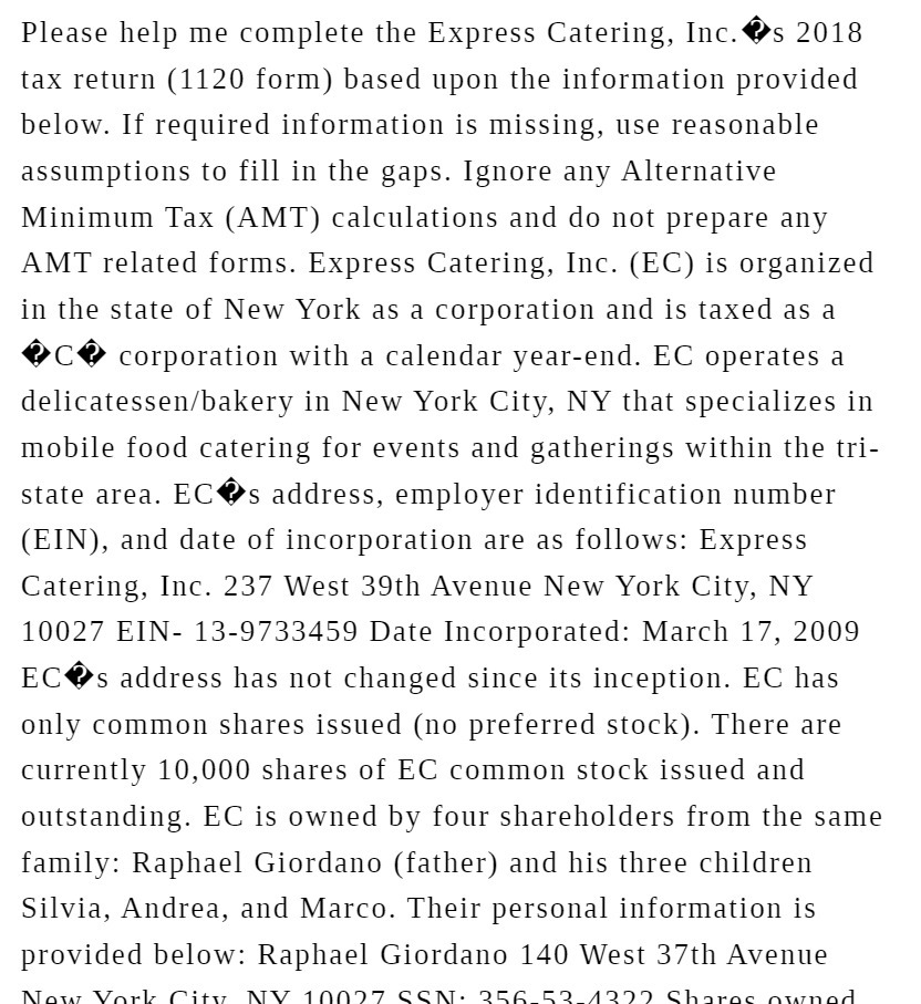 return (1120 form) based upon the information provided below. If required information