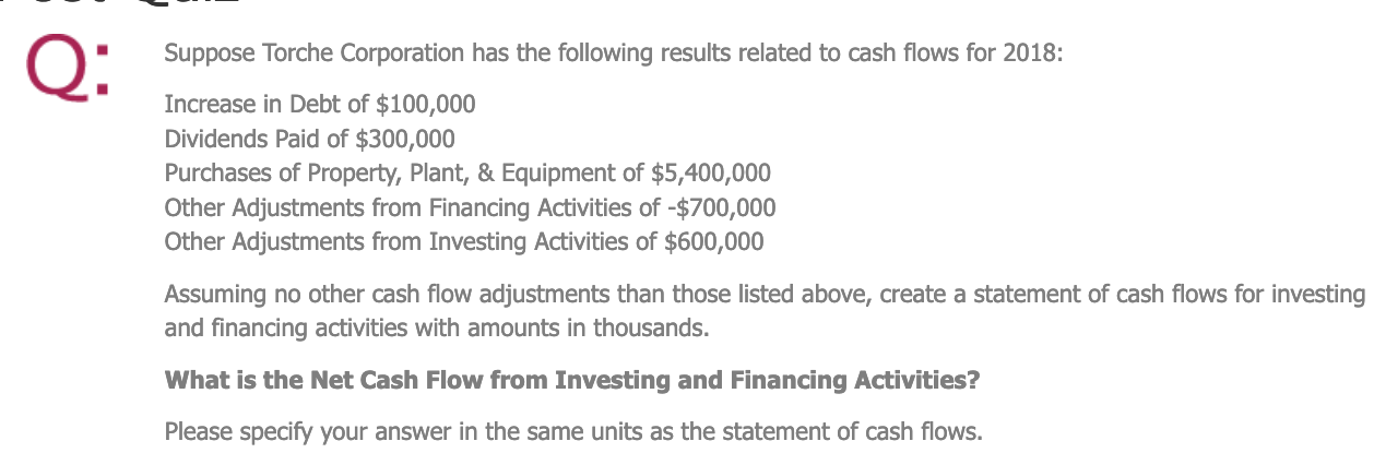 the following results related to cash flows for 2018 : Net Income