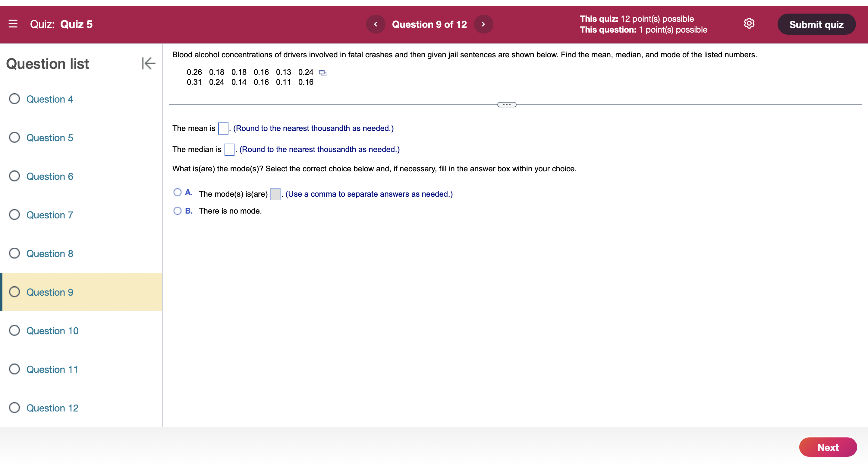  This quiz: 12 point(s) possible @ This question: 1 point(s) possible