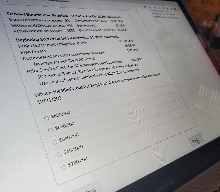 answer please Defined Benefit Plan Problem - Data for Fox Co. 2020