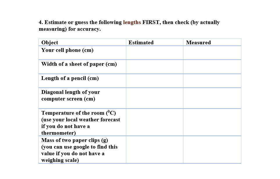 Your cell phone (cm) 'Width of a sheet of paper (cm) Length
