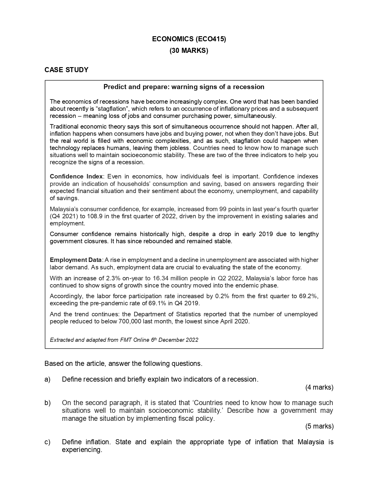  ECONOMICS (ECO415) (30 MARKS) CASE STUDY Predict and prepare: warning signs