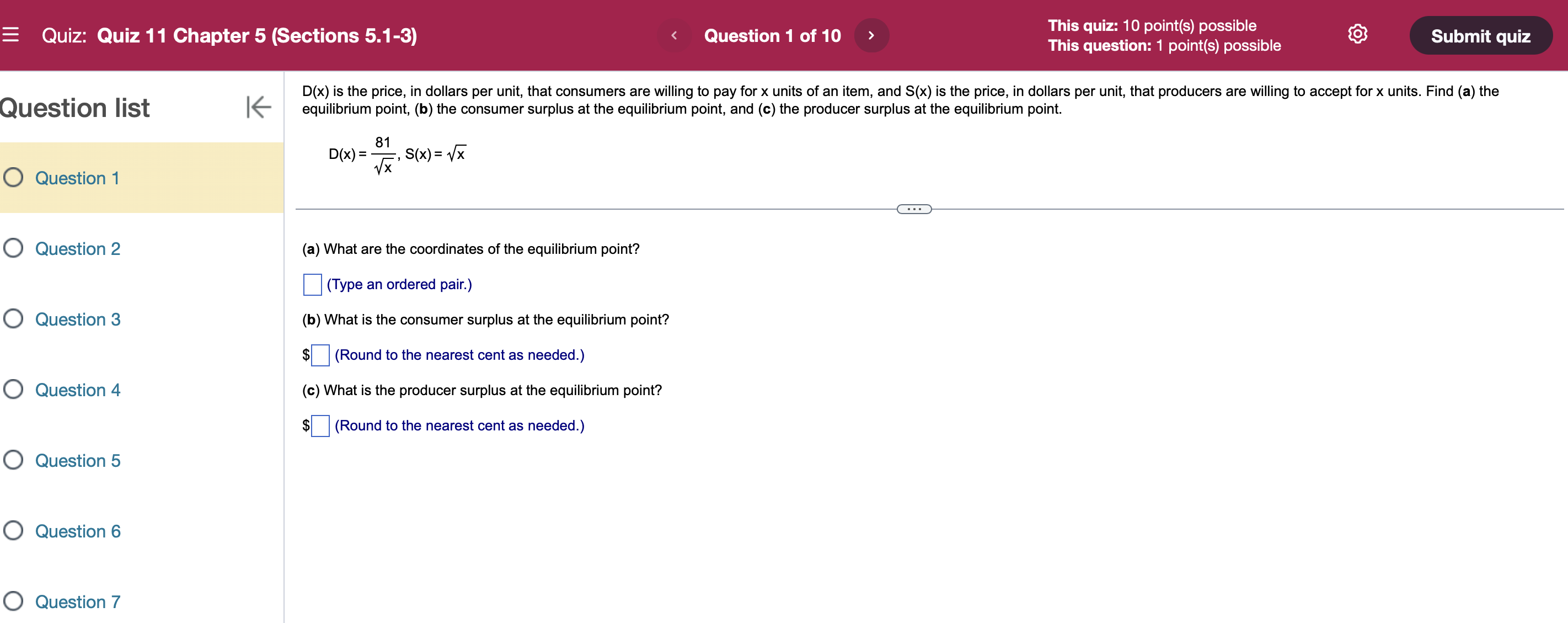  E Quiz: Quiz 11 Chapter 5 (Sections 5.1-3) Question 1 of