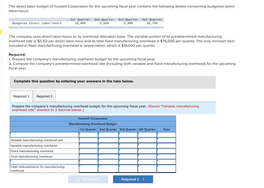 The company uses direct labor-hours as its overhead allocation base. The variable