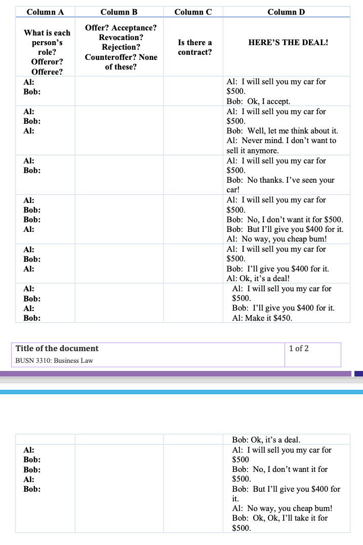 Case Analysis # 1-Offer and Acceptance, Rejection and Revocation (Case Analysis) Directions:In