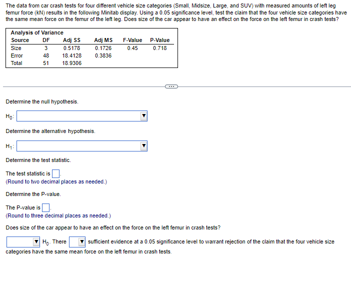  The data from car crash tests for four different vehicle size
