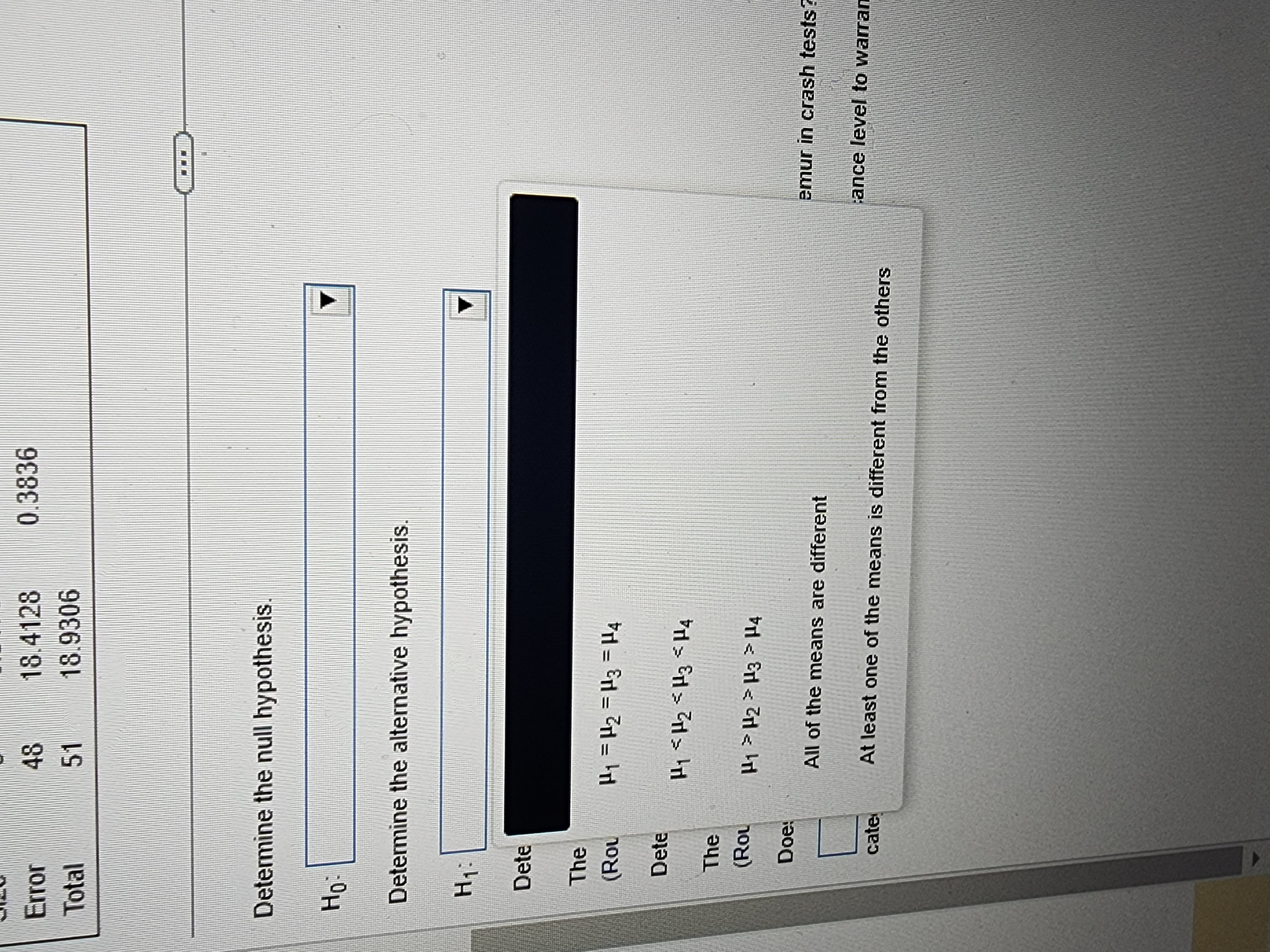 significance level, test the claim that the four vehicle size categories have