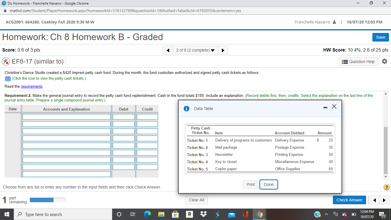 Do Homework - Franchelle Navarro - Google Chrome - X mathxl.com/Student/PlayerHomework.aspx?homeworkld=5761327898questionld=1&flushed=false&cld=61920558centerwin=yes
