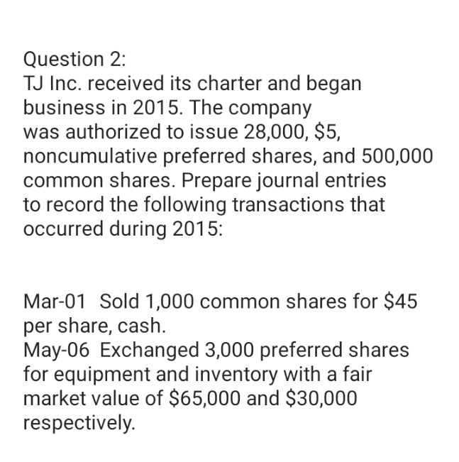 please explain the answer briefly Question 2: TJ Inc. received its charter