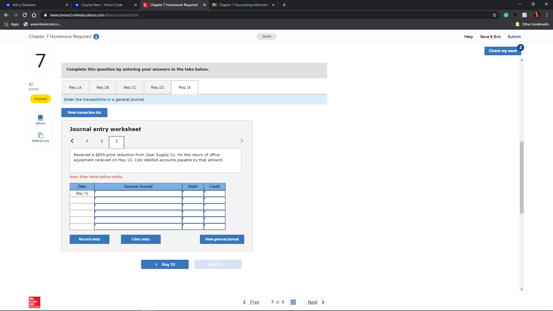 accounting 101 chapter 7 "information systems"help entering1-aEnter the transactions in a sales