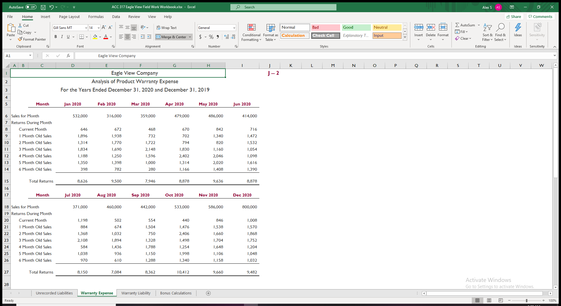  AutoSave . Off) - ACC 317 Eagle View Field Work Workbook.xIsx