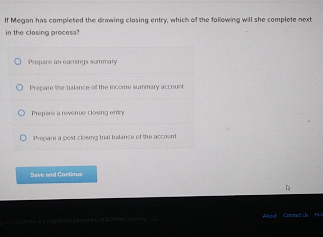 please. help If Megan has completed the drawing closing entry, which of