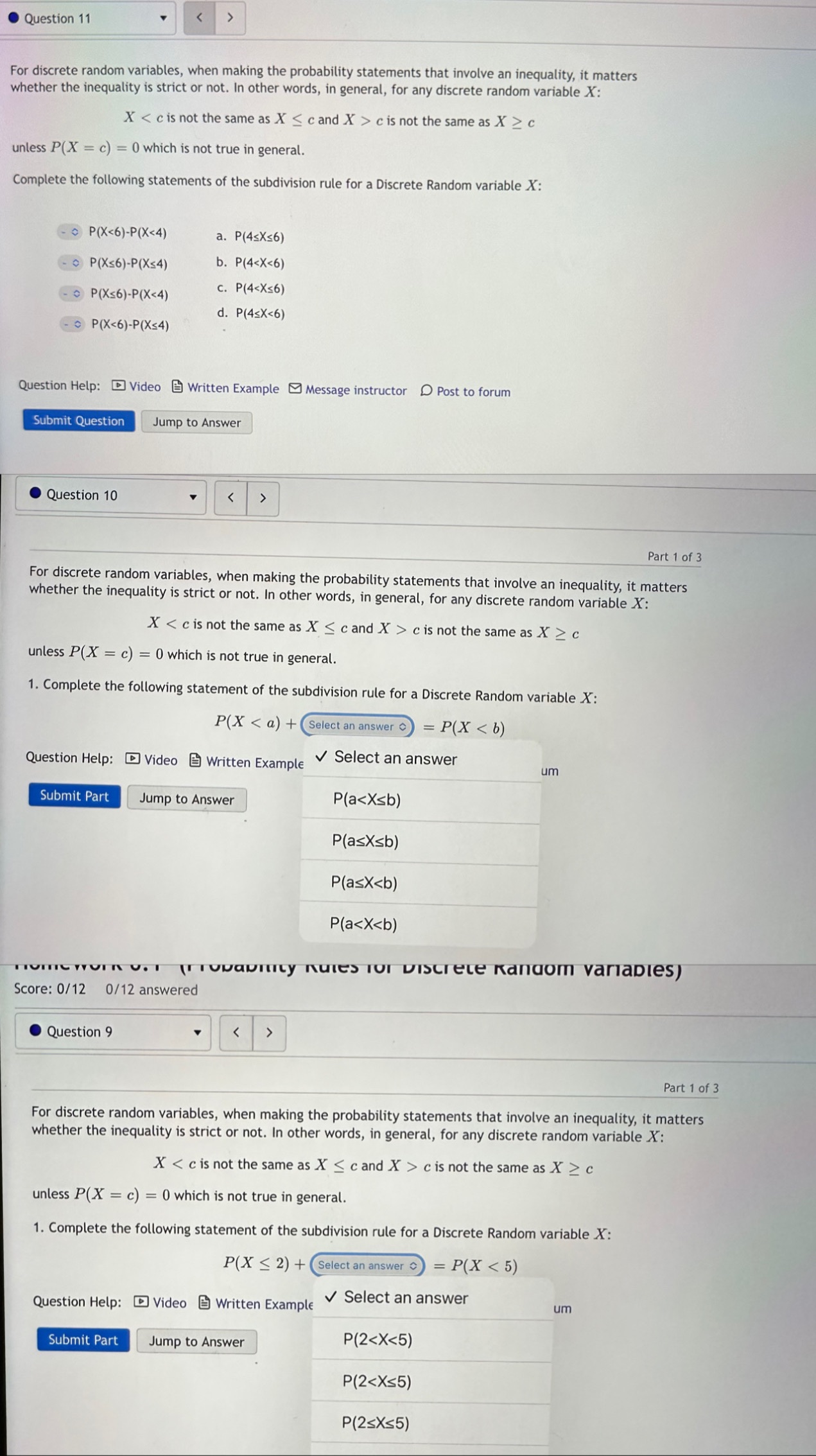  Question 11 For discrete random variables, when making the probability statements