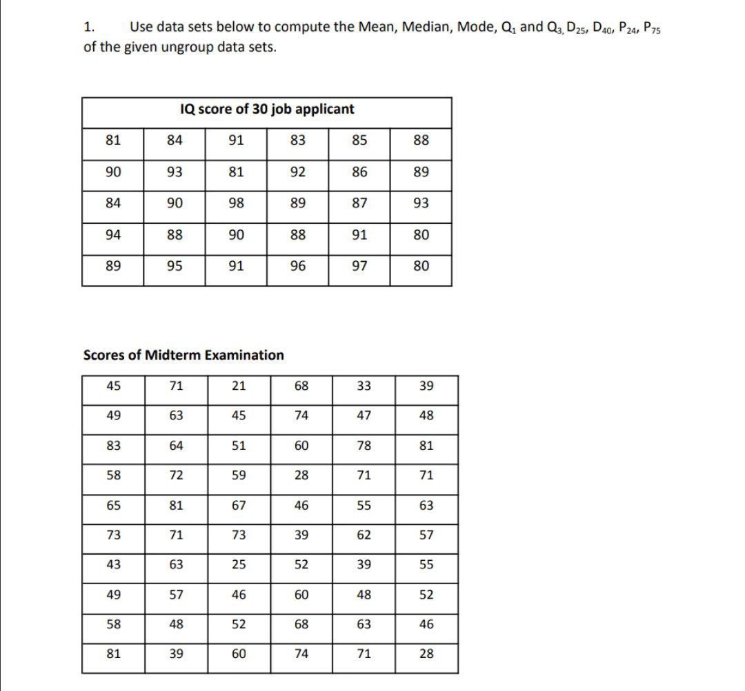 1. Use data sets below to compute the Mean, Median, Mode,