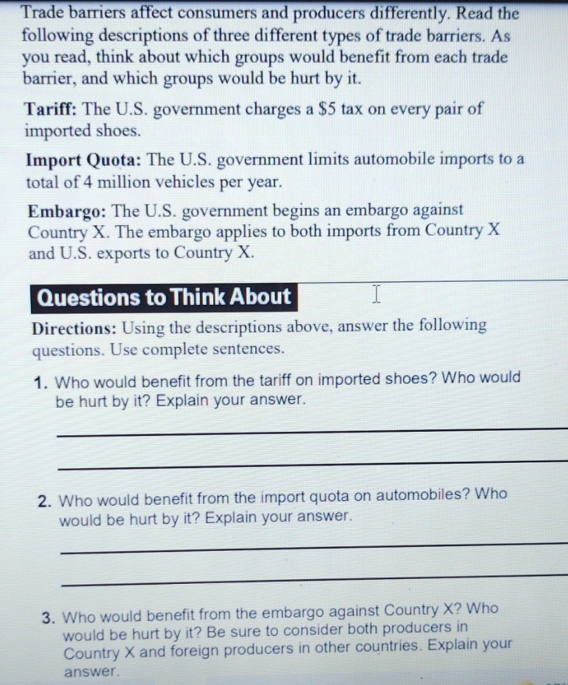 pls help !! so lost. . Trade barriers affect consumers and producers