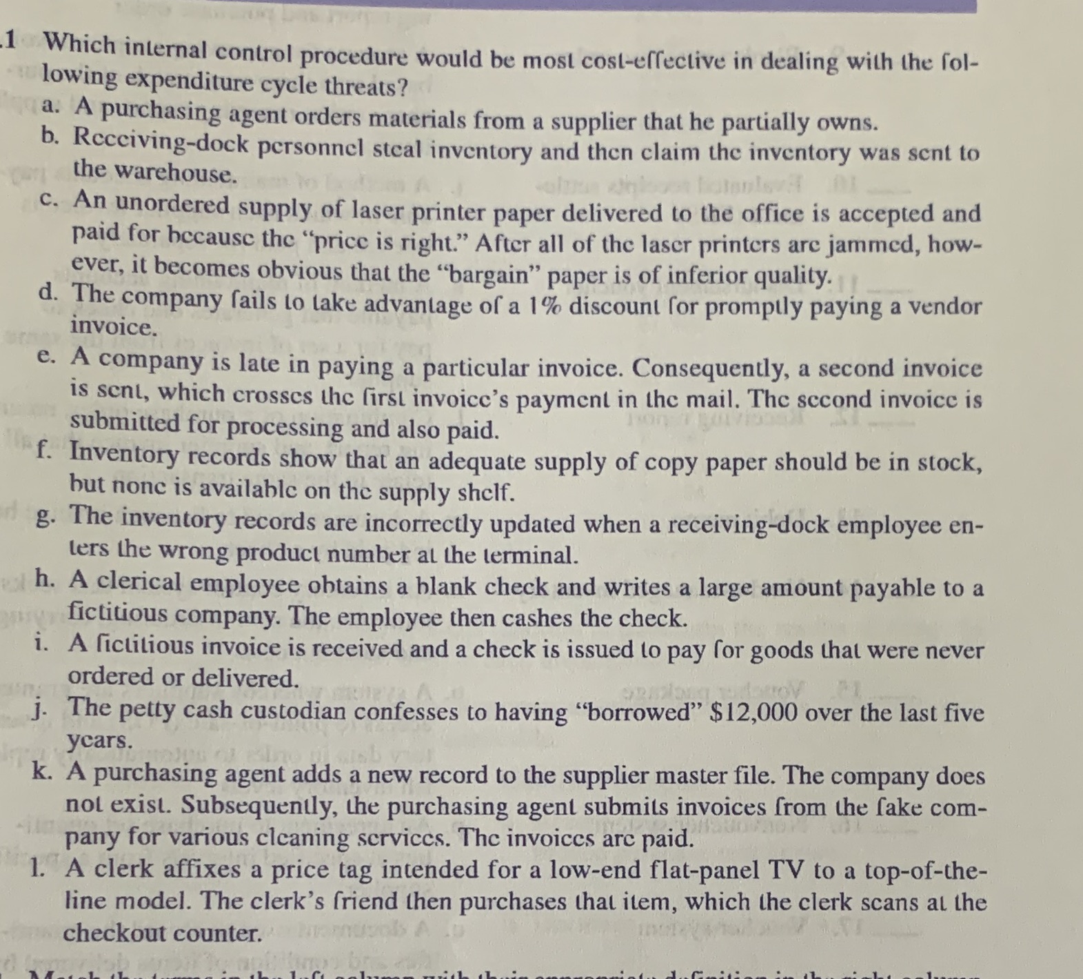 with the fol- lowing expenditure cycle threats? a. A purchasing agent orders