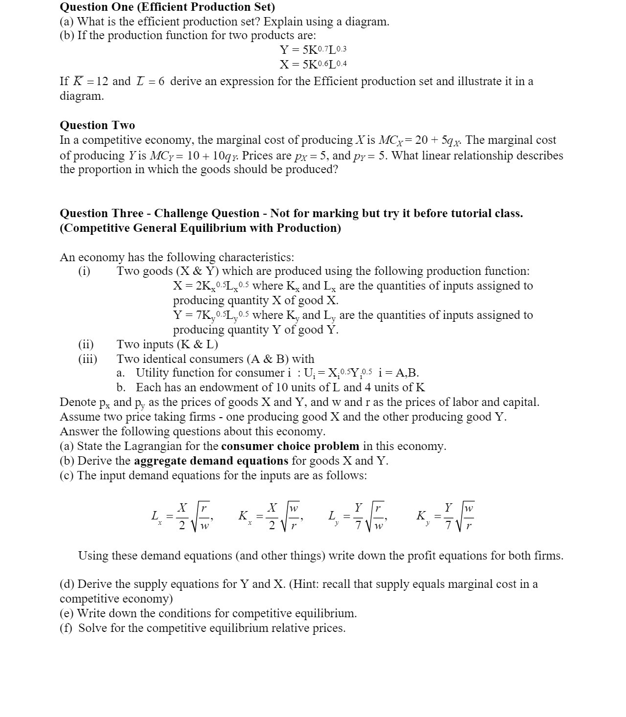 Question One (Efcient Production Set) (a) What is the efcient production