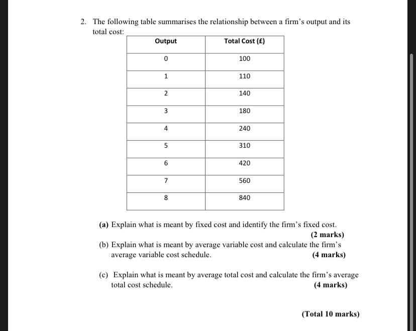 a) Explain what is meant by fixed cost and identify the firm's