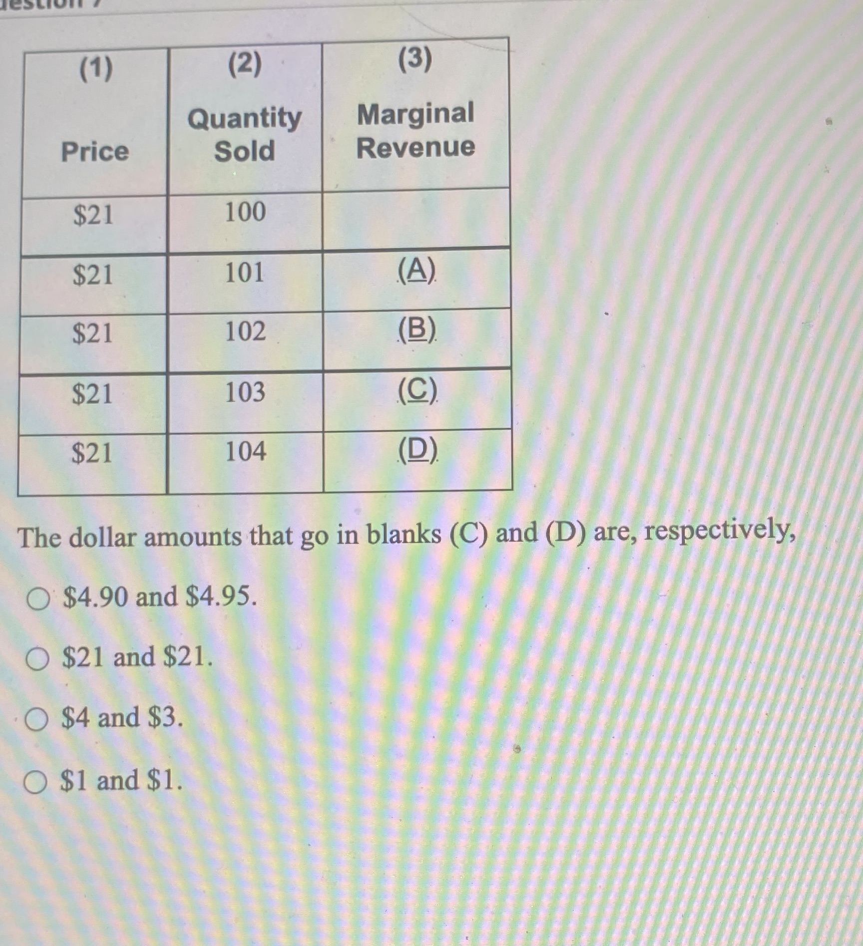 Please help quickly (1) (2) (3) Quantity Marginal Price Sold Revenue $21