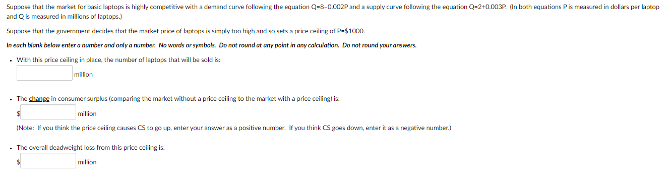a demand curve following the equation Q=8-0.002P and a supply curve following