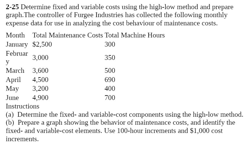 2-25 Determine fixed and variable costs using the high-low method and prepare