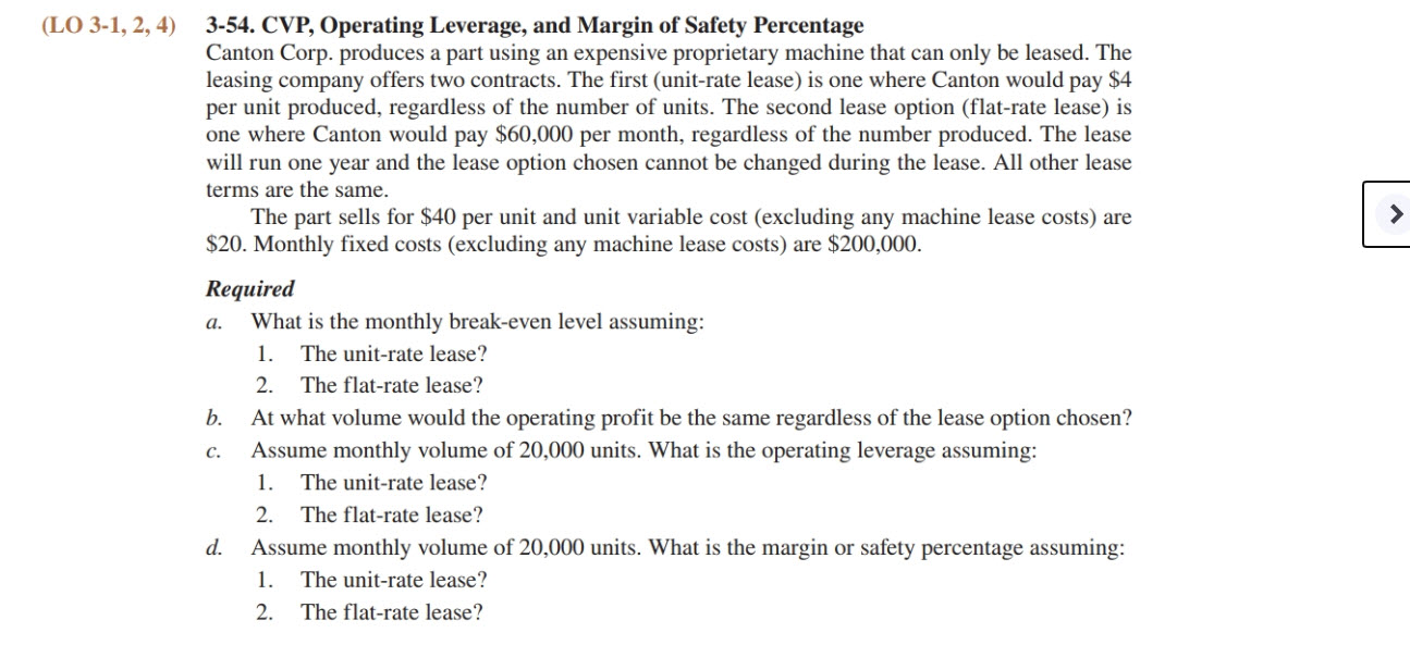  (LO 3-1, 2, 4) 3-54. CVP, Operating Leverage, and Margin of