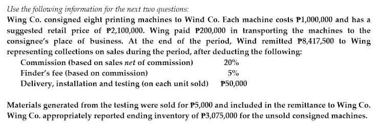 [Ise the following information for the next two questions: Wing Co. consigned