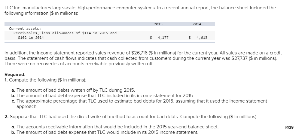  TLC Inc. manufactures large-scale, high-performance computer systems. In a recent annual