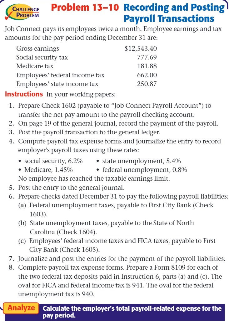 F am... Problem 13-10 Recording and Posting' Payroll Transactions Job Connect
