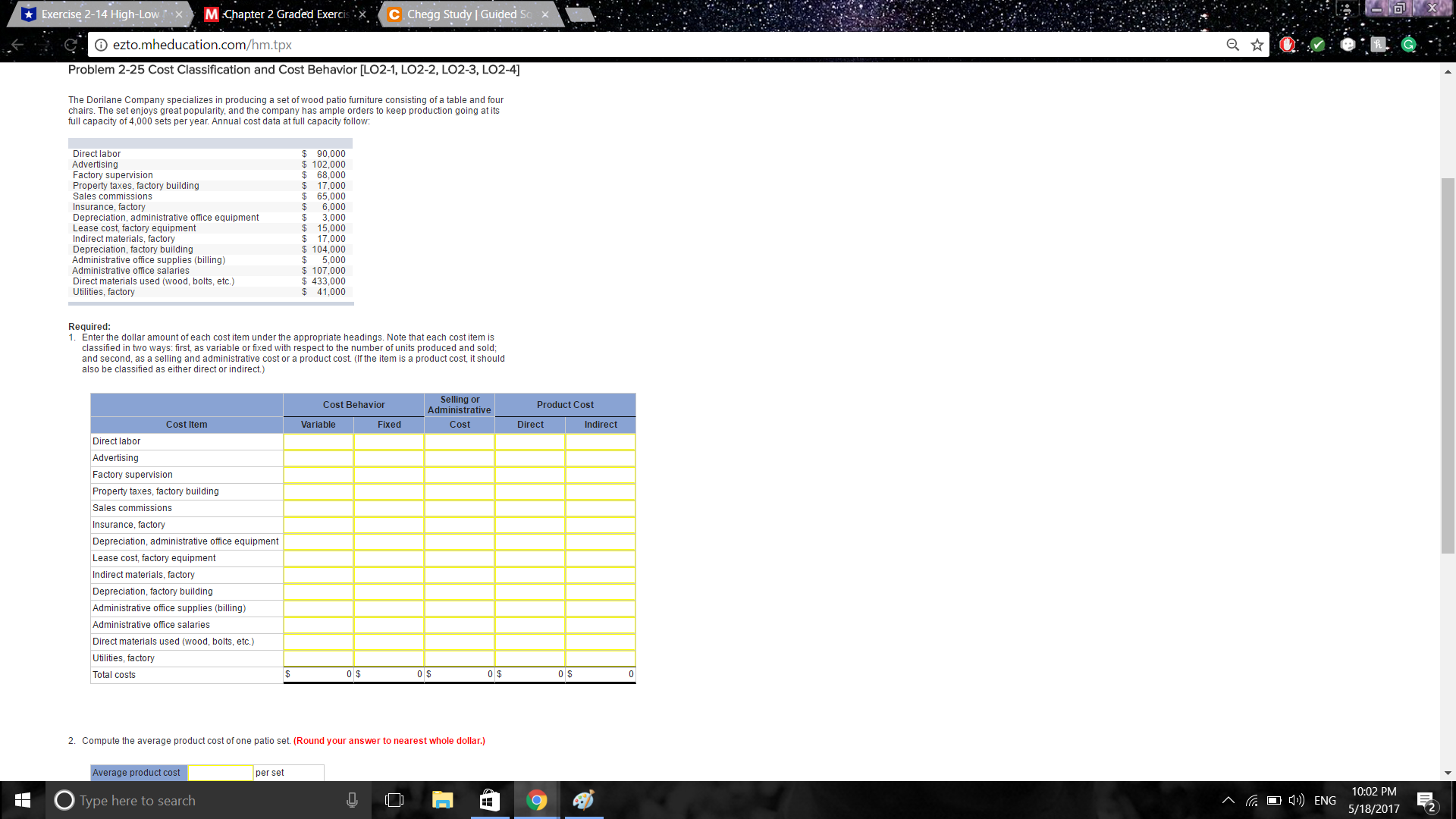 Problem 2-25 Cost Classification and Cost Behavior [LO2-1, LO2-2, LO2-3, LO2-4]The Dorilane