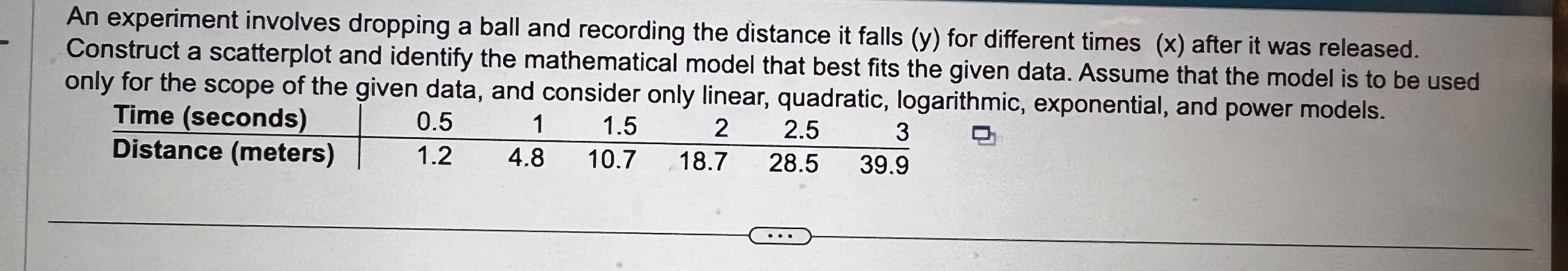 An experiment involves dropping a ball and recording the distance it